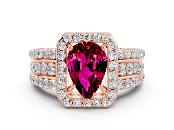 Rose gold Pear Cut Halo Garnet Ring with Round  Split Shank and Prong Setting