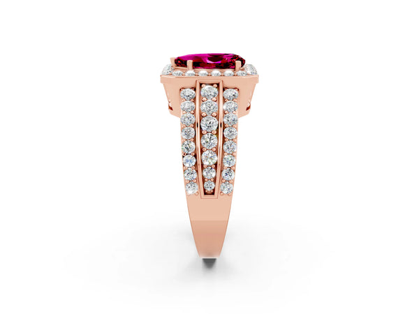 Rose gold Pear Cut Halo Garnet Ring with Round  Split Shank and Prong Setting