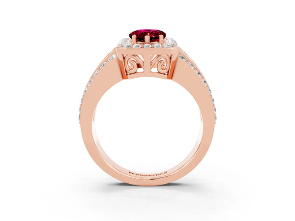 Rose gold Pear Cut Halo Garnet Ring with Round  Split Shank and Prong Setting