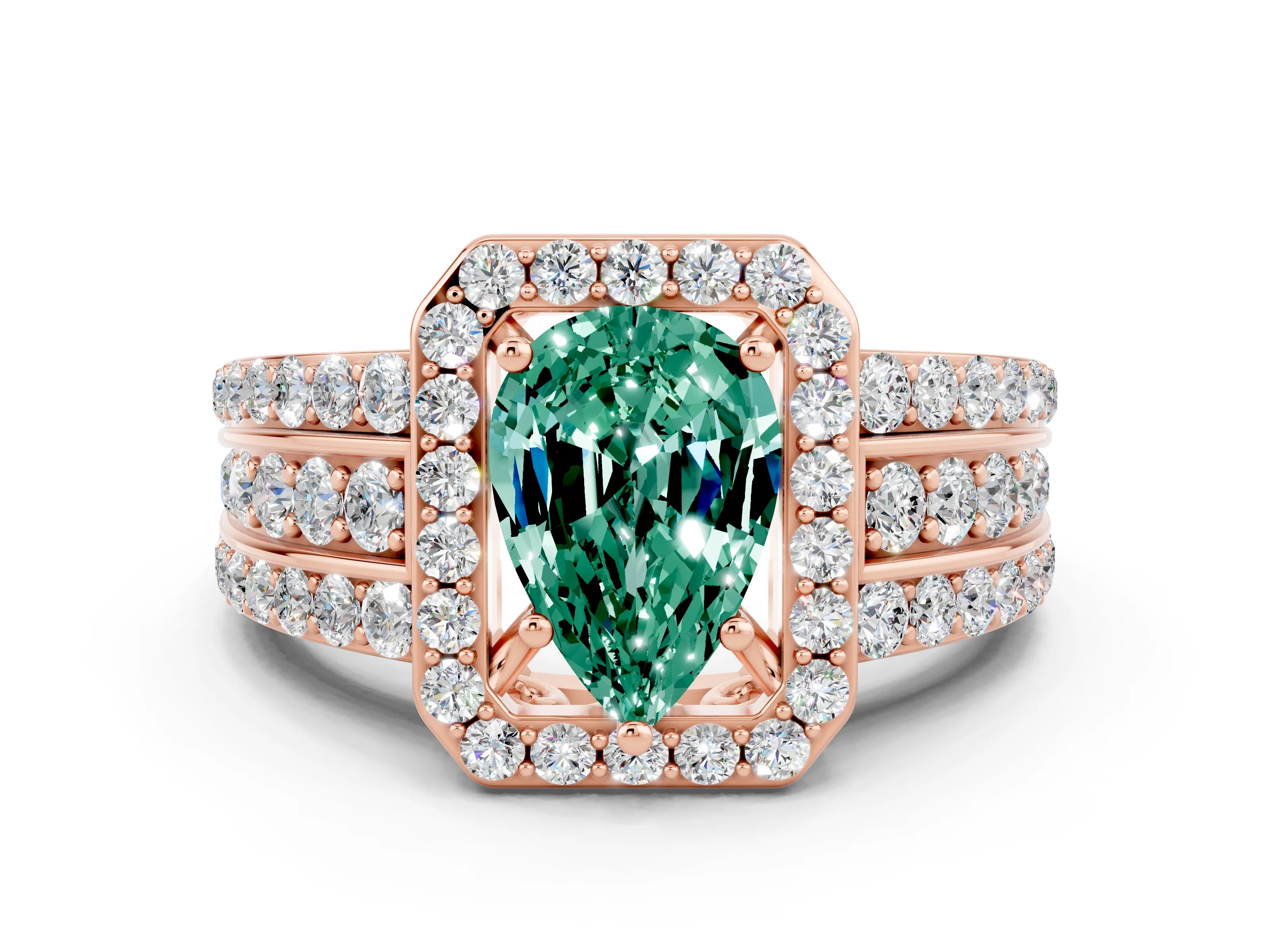 Rose gold Pear Cut Halo Green Sapphire Ring with Split Shank and Four-Prong Setting