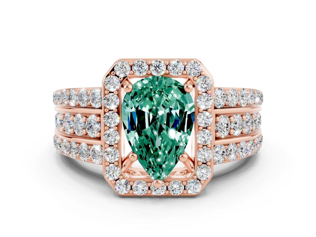 Rose gold Pear Cut Halo Green Sapphire Ring with Split Shank and Four-Prong Setting