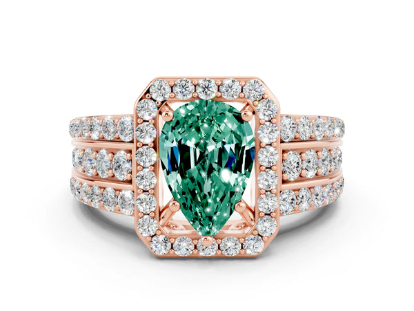 Rose gold Pear Cut Halo Green Sapphire Ring with Round  Split Shank and Prong Setting