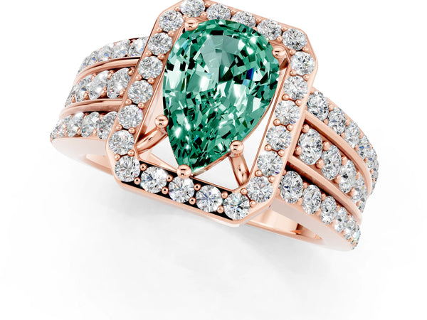 Rose gold Pear Cut Halo Green Sapphire Ring with Round  Split Shank and Prong Setting