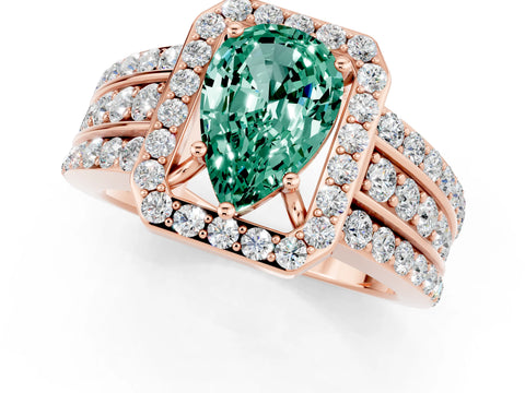 Rose gold Pear Cut Halo Green Sapphire Ring with Split Shank and Four-Prong Setting_1