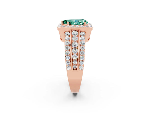 Rose gold Pear Cut Halo Green Sapphire Ring with Round  Split Shank and Prong Setting