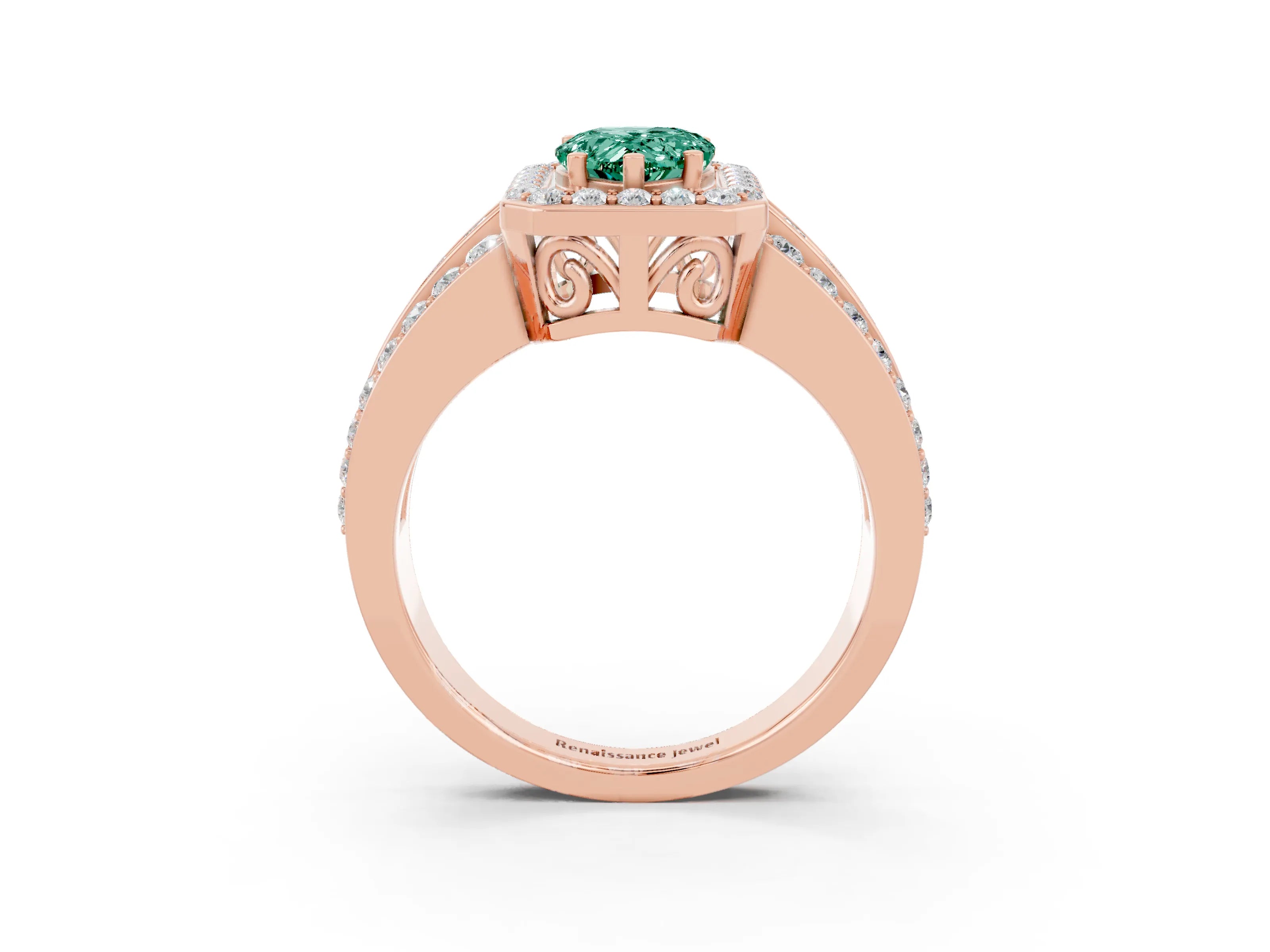 Rose gold Pear Cut Halo Green Sapphire Ring with Split Shank and Four-Prong Setting_3