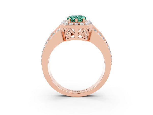 Rose gold Pear Cut Halo Green Sapphire Ring with Round  Split Shank and Prong Setting
