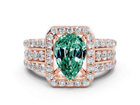 Rose gold Pear Cut Halo Green Sapphire Ring with Split Shank and Four-Prong Setting
