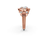 Rose gold Pear Cut Halo Milgrain Diamond Engagement Ring with Leaf Band and Four-Prong Setting_5