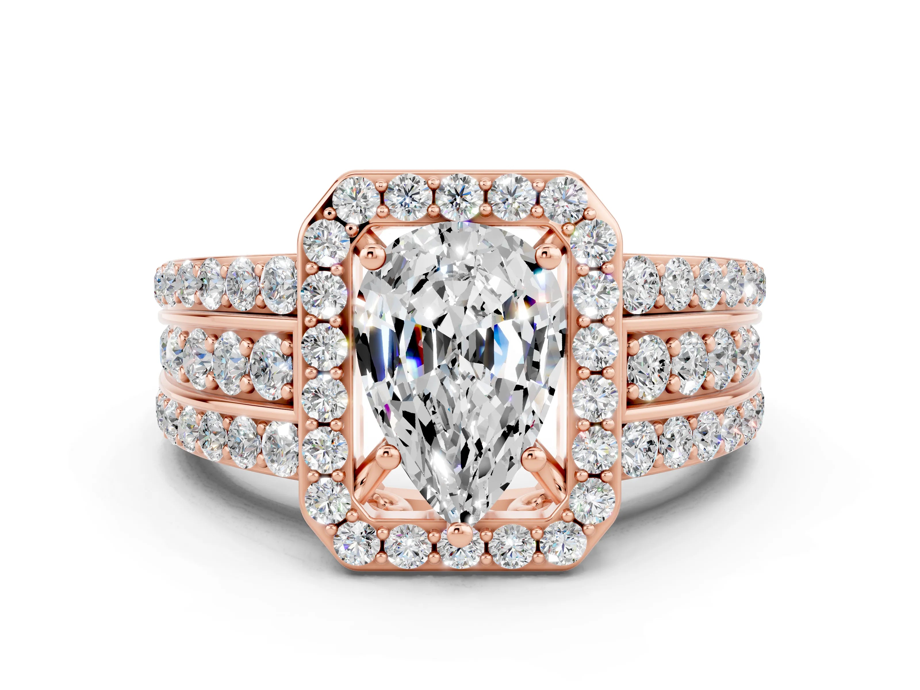 Rose gold Pear Cut Halo Moissanite Ring with Split Shank and Four-Prong Setting
