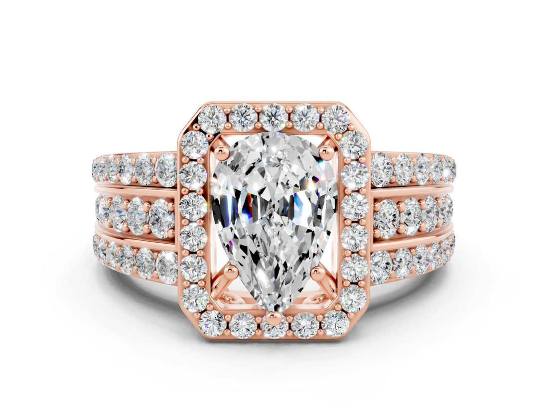 Rose gold Pear Cut Halo Moissanite Ring with Split Shank and Four-Prong Setting