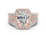 Rose gold Pear Cut Halo Moissanite Ring with Split Shank and Four-Prong Setting