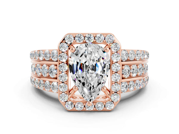 Rose gold Pear Cut Halo Moissanite Ring with Round  Split Shank and Prong Setting