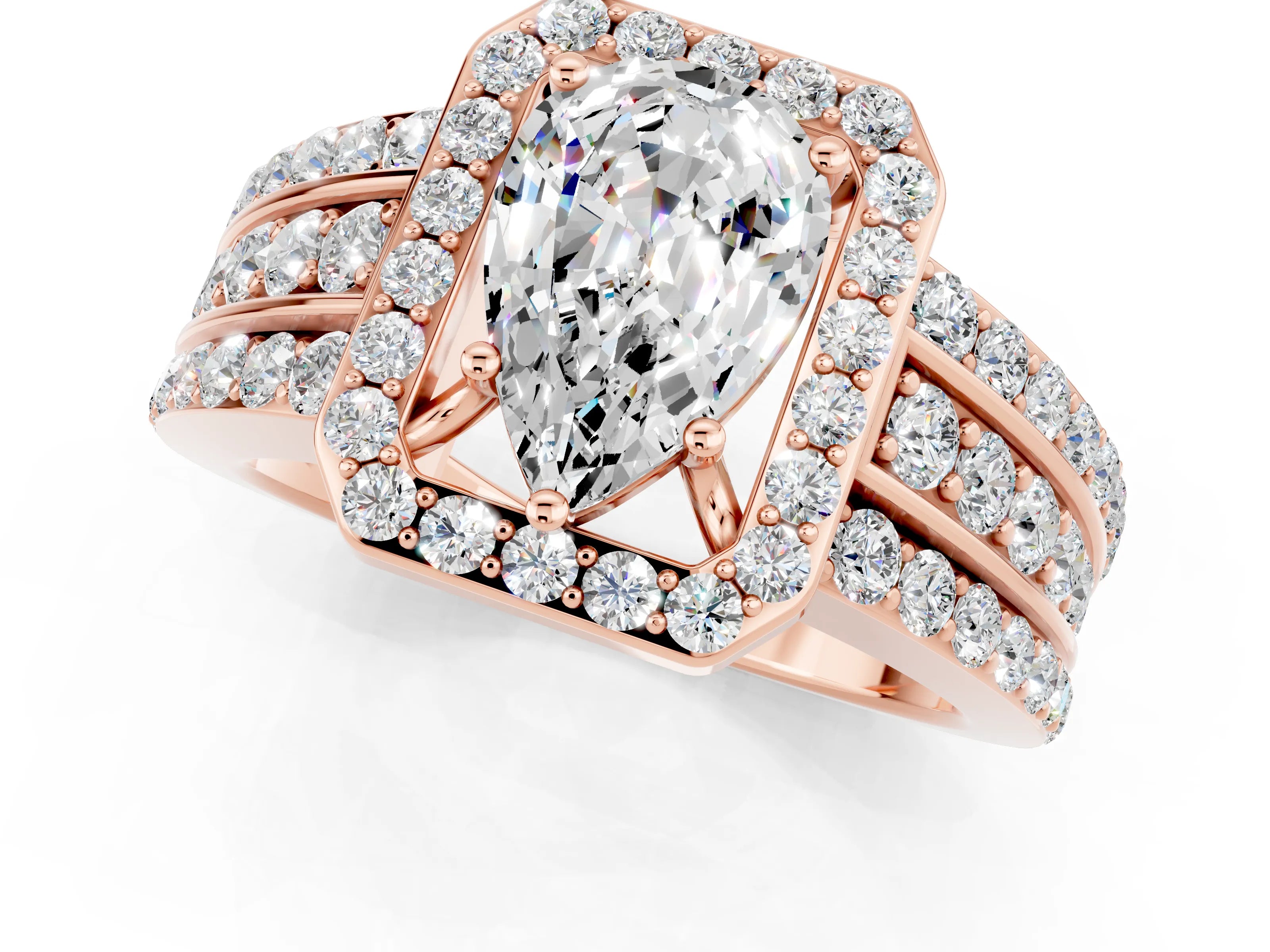 Rose gold Pear Cut Halo Moissanite Ring with Split Shank and Four-Prong Setting_1