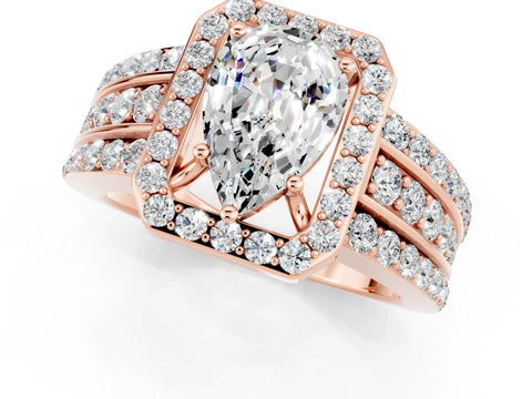 Rose gold Pear Cut Halo Moissanite Ring with Split Shank and Four-Prong Setting_1