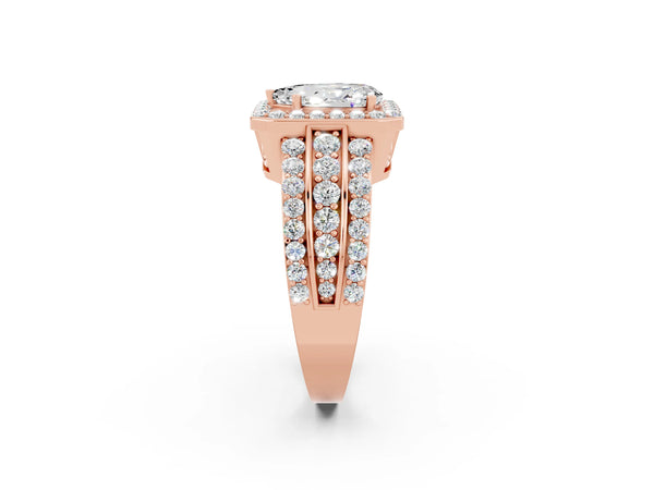 Rose gold Pear Cut Halo Moissanite Ring with Round  Split Shank and Prong Setting