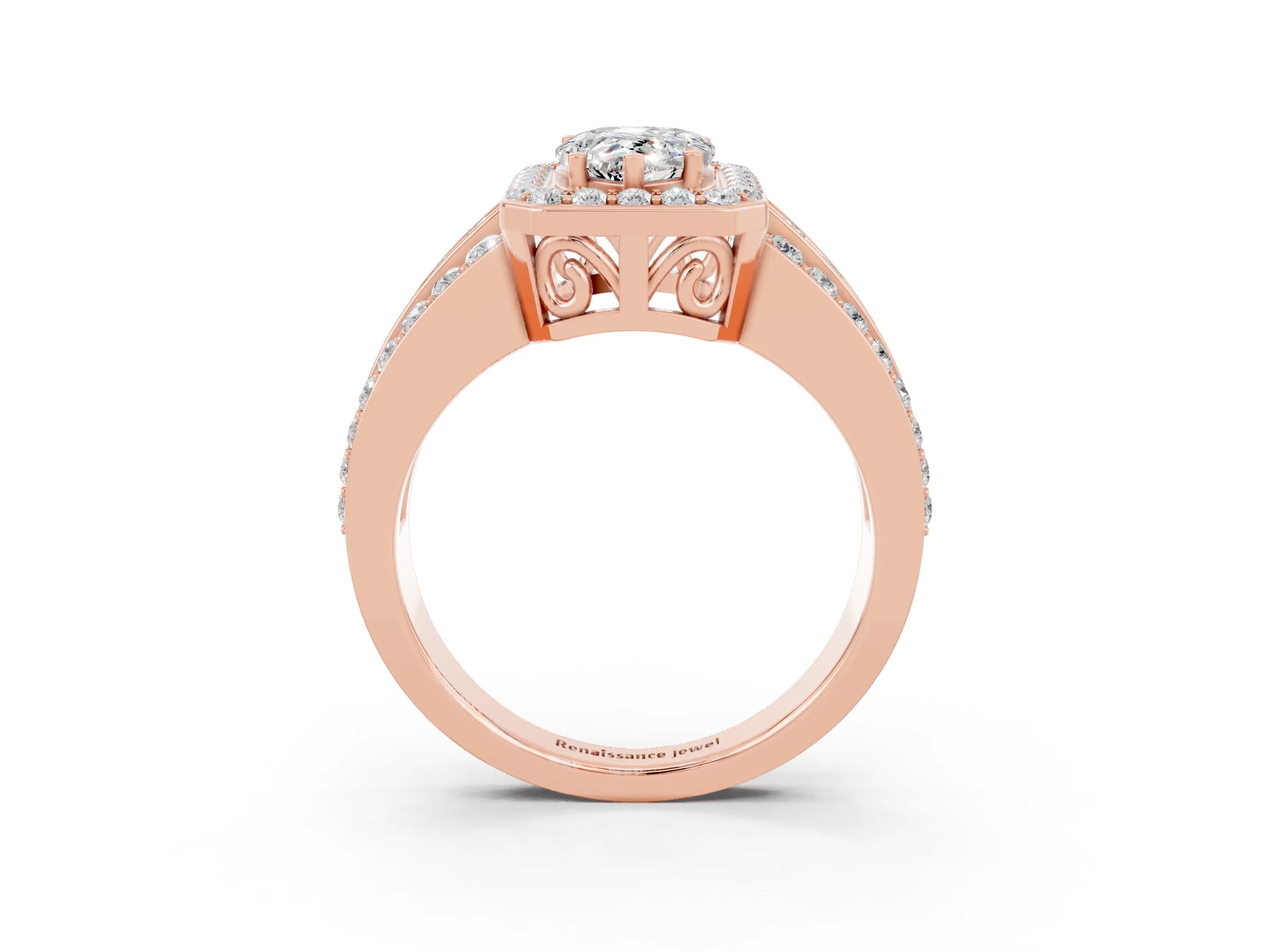 Rose gold Pear Cut Halo Moissanite Ring with Split Shank and Four-Prong Setting_3