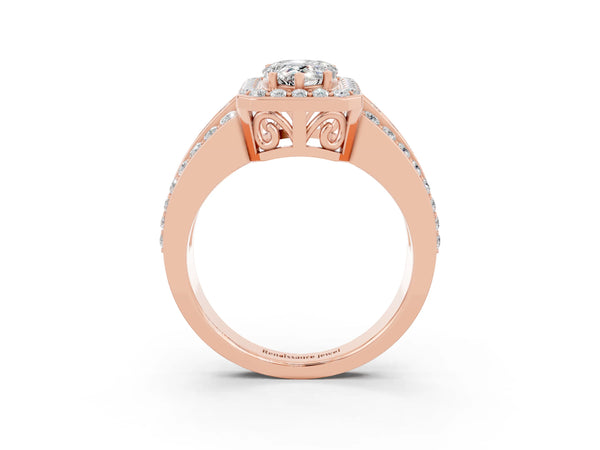 Rose gold Pear Cut Halo Moissanite Ring with Round  Split Shank and Prong Setting
