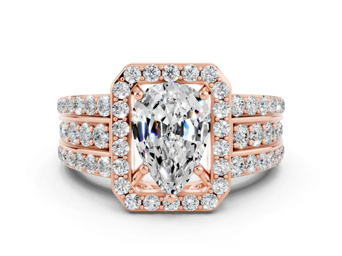 Rose gold Pear Cut Halo Moissanite Ring with Split Shank and Four-Prong Setting