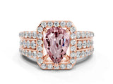 Rose gold Pear Cut Halo Morganite Ring with Split Shank and Four-Prong Setting