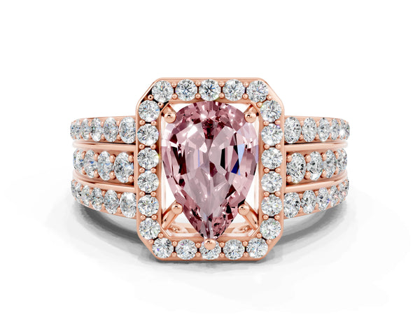 Rose gold Pear Cut Halo Morganite Ring with Round  Split Shank and Prong Setting