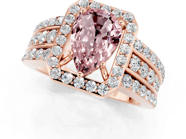 Rose gold Pear Cut Halo Morganite Ring with Round  Split Shank and Prong Setting