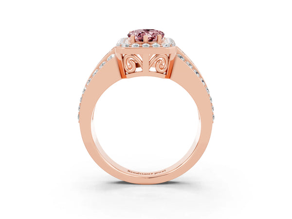 Rose gold Pear Cut Halo Morganite Ring with Round  Split Shank and Prong Setting