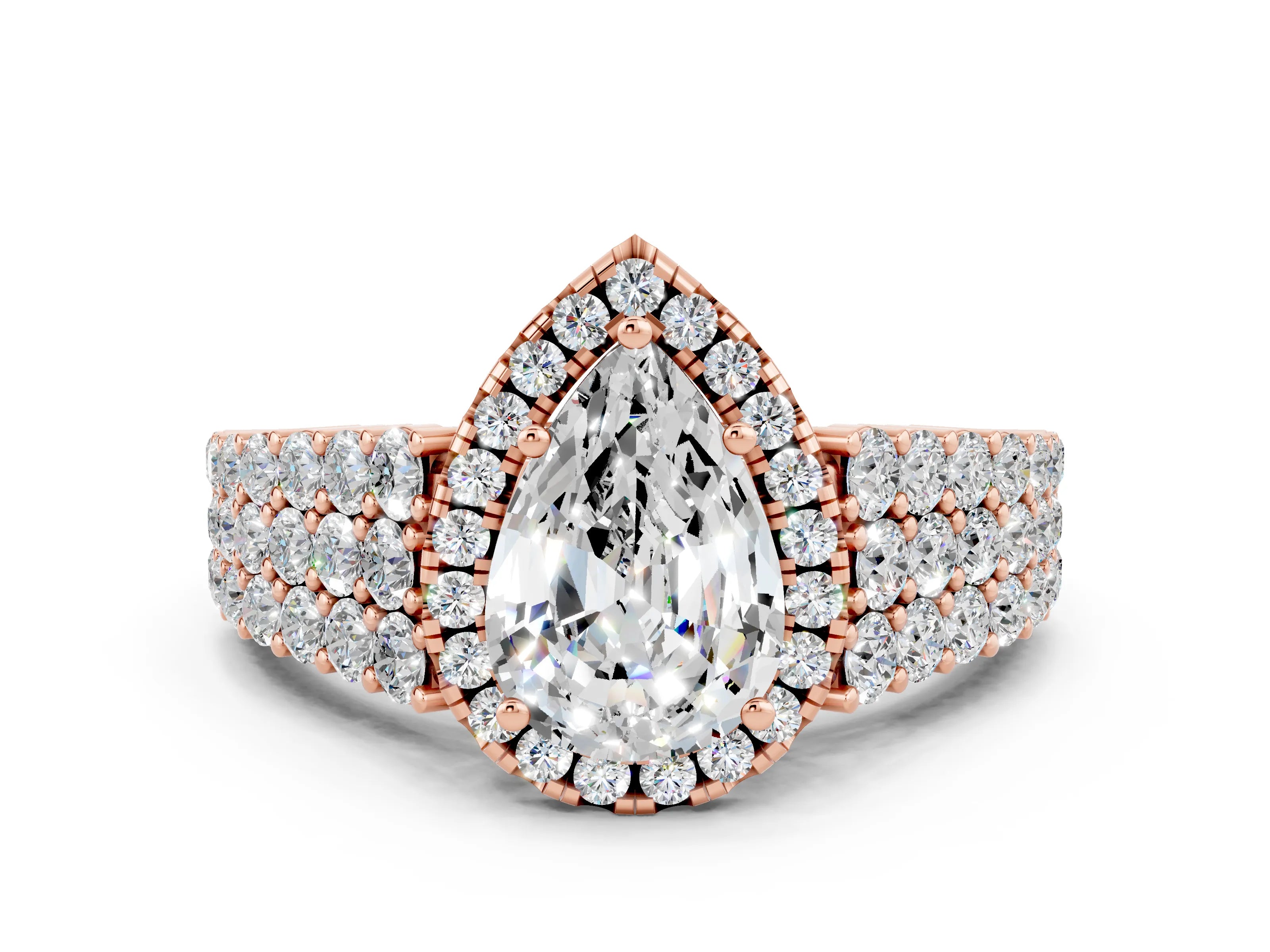 Rose gold Pear Cut Halo Pavé Diamond Engagement Ring with Split Shank and Four-Prong Setting