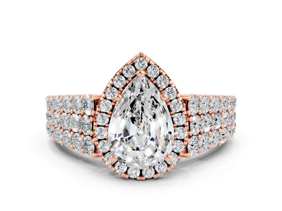 Rose gold Pear Cut Halo Pavé Diamond Engagement Ring with Split Shank and Four-Prong Setting