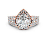 Rose gold Pear Cut Halo Pavé Diamond Engagement Ring with Split Shank and Four-Prong Setting