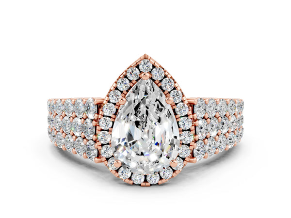 Rose gold Pear Cut Moissanite Halo Engagement Ring with Triple Row Round Pavé Band and Prong Setting