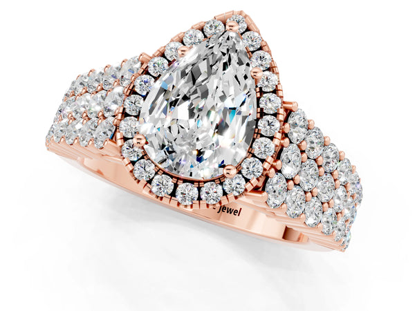 Rose gold Pear Cut Moissanite Halo Engagement Ring with Triple Row Round Pavé Band and Prong Setting
