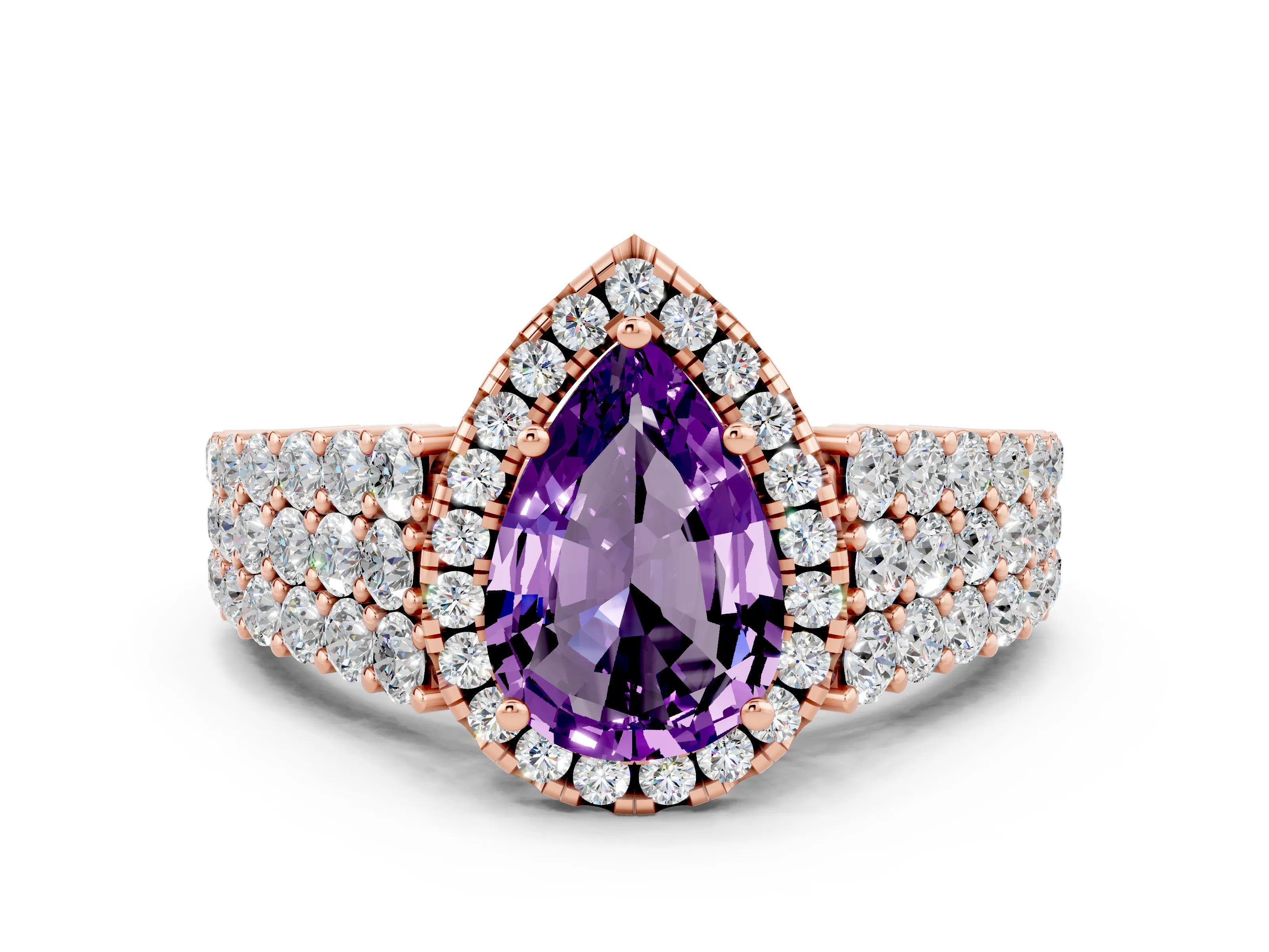 Rose gold Pear Cut Halo Pavé Diamond Engagement Ring with Split Shank and Four-Prong Setting
