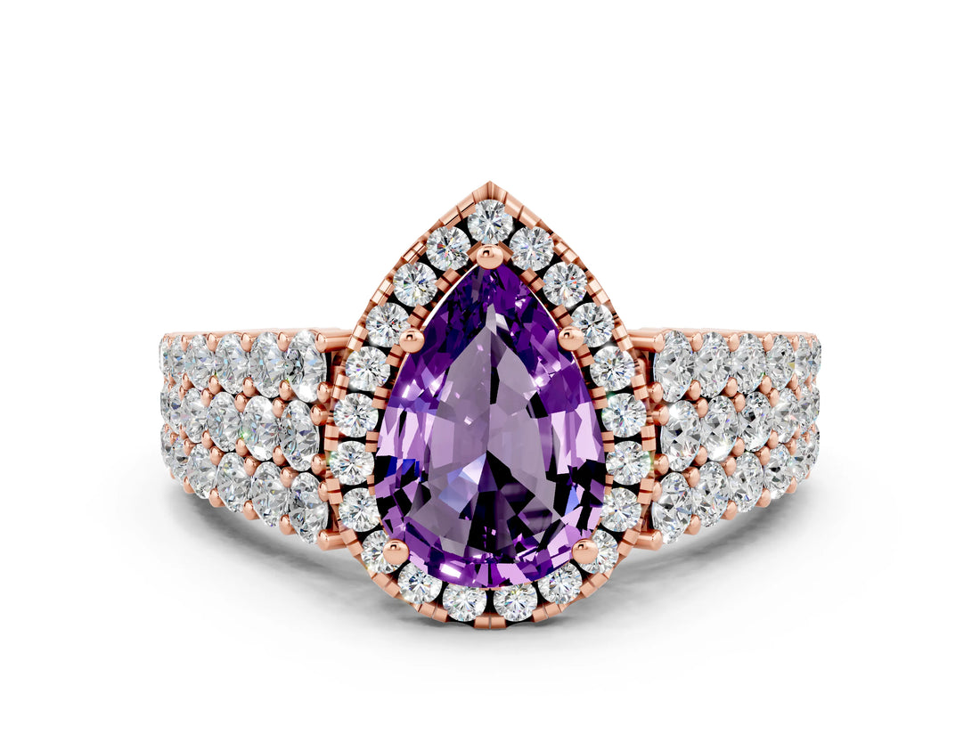 Rose gold Pear Cut Halo Pavé Diamond Engagement Ring with Split Shank and Four-Prong Setting