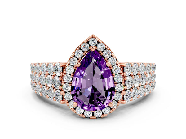 Rose gold Pear Cut Amethyst Halo Engagement Ring with Triple Row Round Pavé Band and Prong Setting