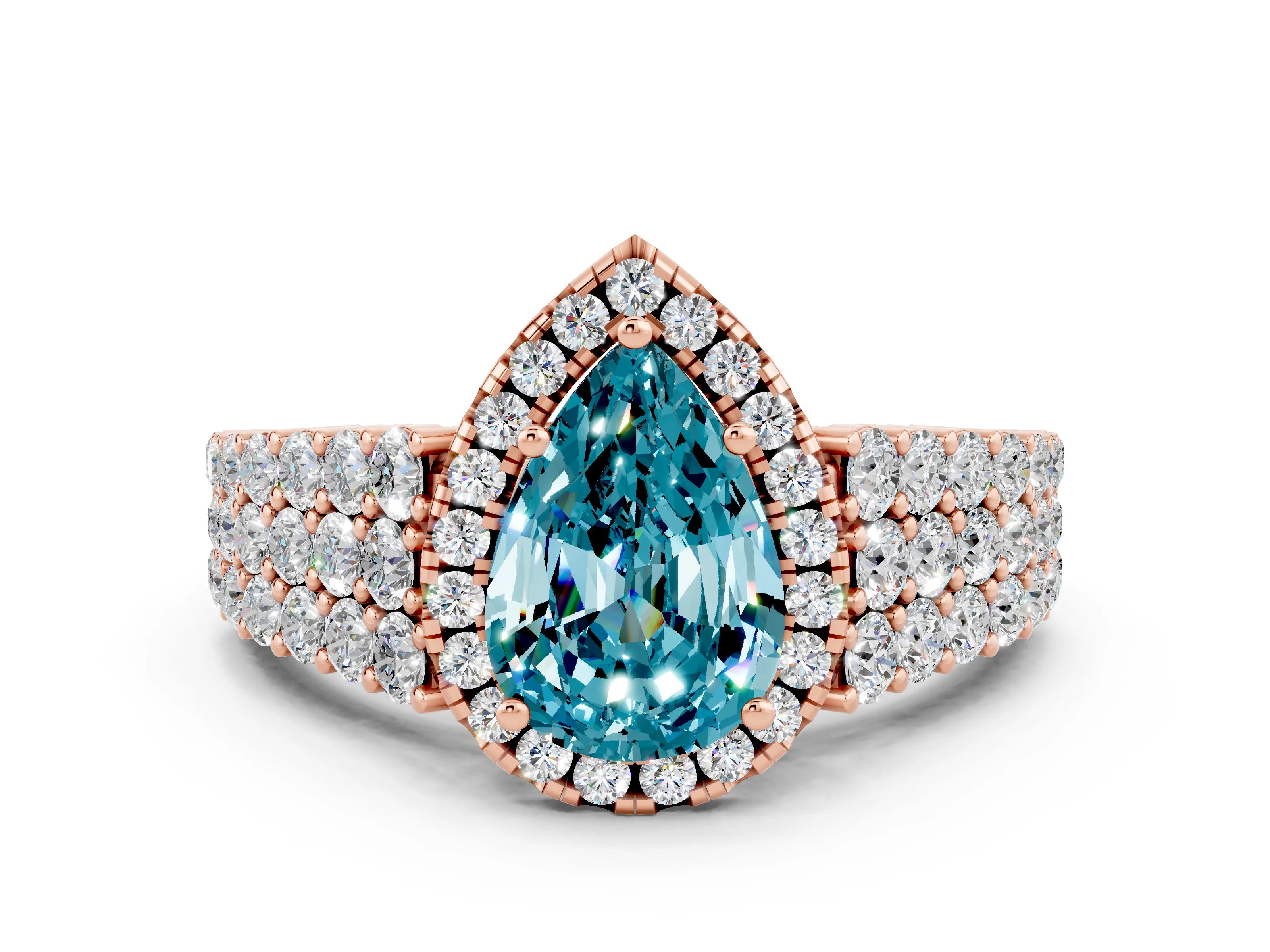 Rose gold Pear Cut Halo Pavé Diamond Engagement Ring with Split Shank and Four-Prong Setting