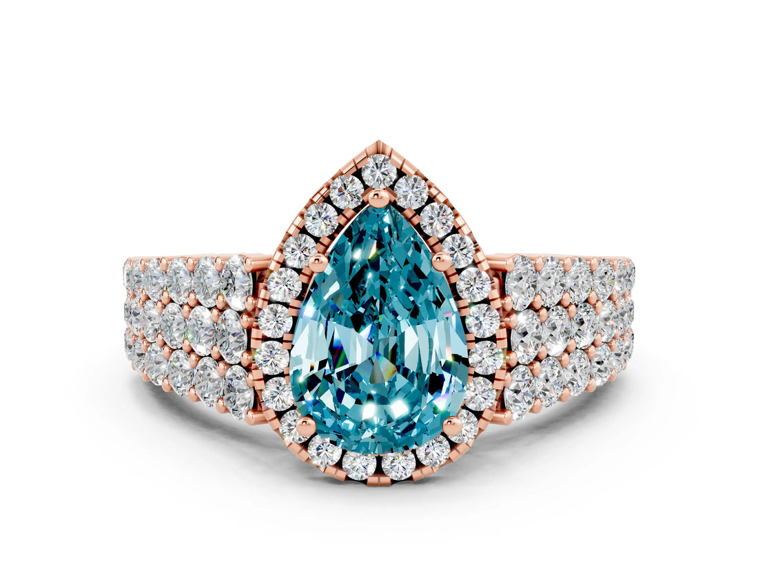 Rose gold Pear Cut Halo Pavé Diamond Engagement Ring with Split Shank and Four-Prong Setting