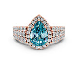 Rose gold Pear Cut Halo Pavé Diamond Engagement Ring with Split Shank and Four-Prong Setting