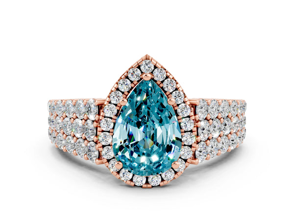 Rose gold Pear Cut Halo Pavé Diamond Engagement Ring with Split Shank and Four-Prong Setting
