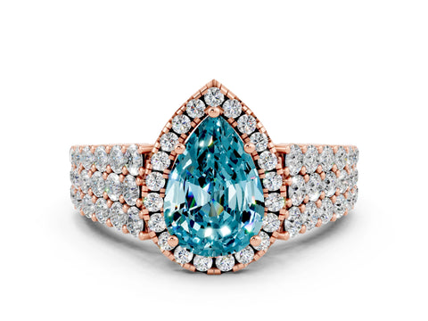 Rose gold Pear Cut Halo Pavé Diamond Engagement Ring with Split Shank and Four-Prong Setting