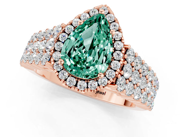 Rose gold Pear Cut Green Sapphire Halo Engagement Ring with Triple Row Round Pavé Band and Prong Setting