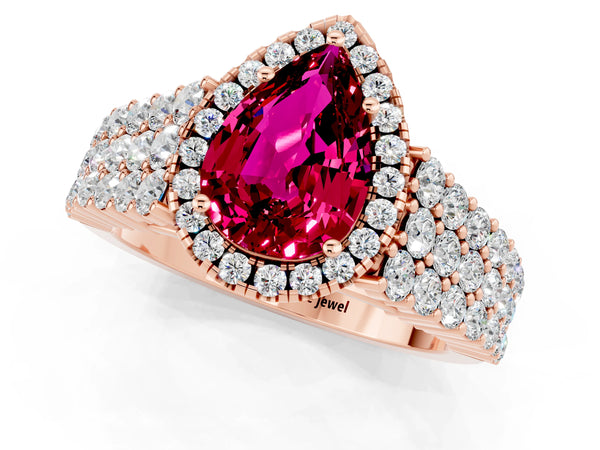 Rose gold Pear Cut Garnet Halo Engagement Ring with Triple Row Round Pavé Band and Prong Setting