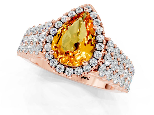 Rose gold Pear Cut Citrine Halo Engagement Ring with Triple Row Round Pavé Band and Prong Setting
