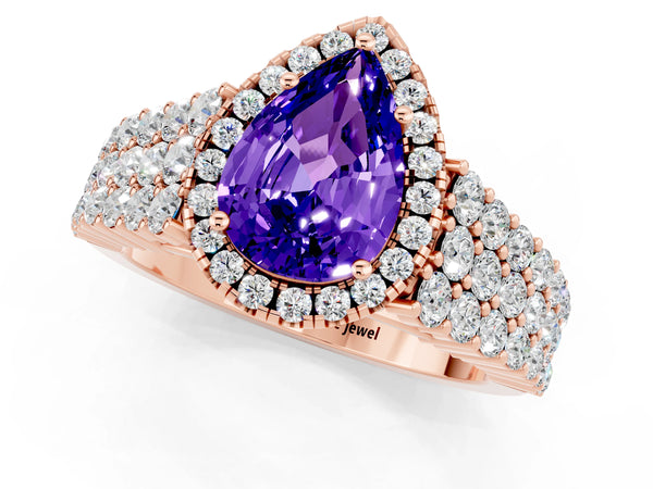 Rose gold Pear Cut Tanzanite Halo Engagement Ring with Triple Row Round Pavé Band and Prong Setting