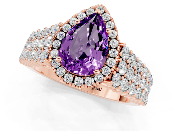 Rose gold Pear Cut Amethyst Halo Engagement Ring with Triple Row Round Pavé Band and Prong Setting