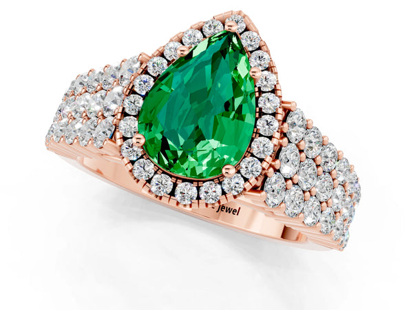 Rose gold Pear Cut Emerald Halo Engagement Ring with Triple Row Round Pavé Band and Prong Setting