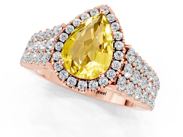 Rose gold Pear Cut Yellow Sapphire Halo Engagement Ring with Triple Row Round Pavé Band and Prong Setting
