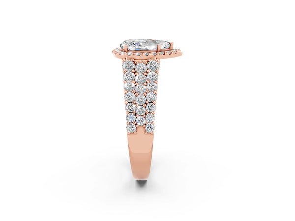 Rose gold Pear Cut Moissanite Halo Engagement Ring with Triple Row Round Pavé Band and Prong Setting