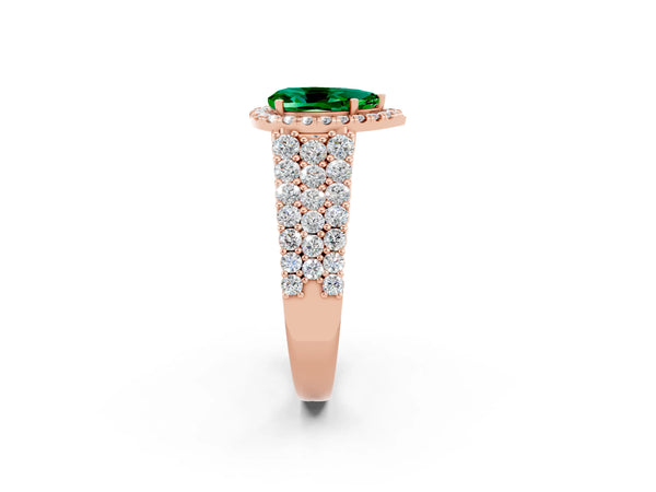Rose gold Pear Cut Emerald Halo Engagement Ring with Triple Row Round Pavé Band and Prong Setting