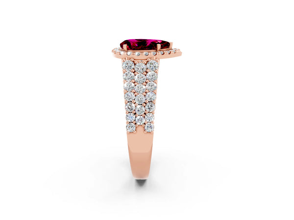 Rose gold Pear Cut Garnet Halo Engagement Ring with Triple Row Round Pavé Band and Prong Setting